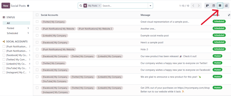 Vue de l'option de liste sur la page des posts dans Odoo Marketing social.