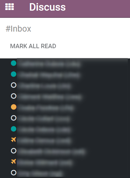 Vue du statut des contacts dans Odoo Discussion.