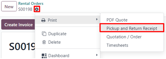 L'option d'impression des bons d'enlèvement et de retour dans l'application Location d'Odoo.