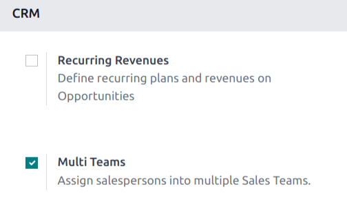 The settings page of the CRM app with the Multi Teams setting enabled.