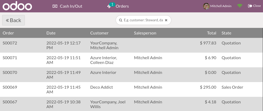 vue de liste des bons de commande et des devis