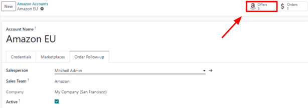 Le bouton intelligent Offres Amazon sur le formulaire de compte dans Odoo Ventes.