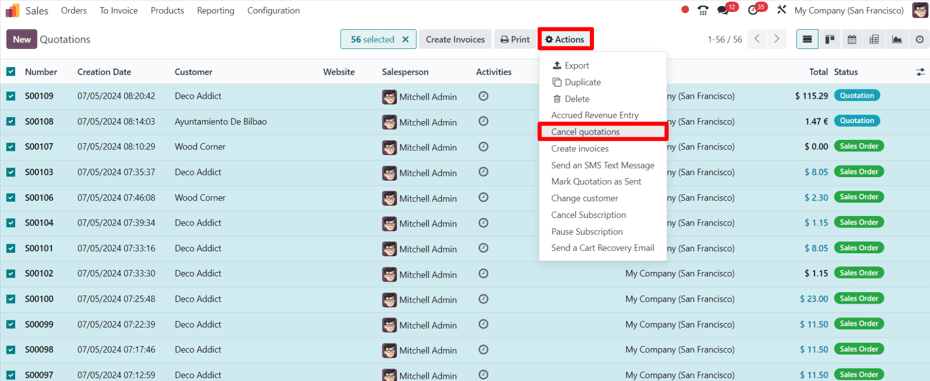 The Cancel quotations option on the Actions drop-down menu in the Odoo Sales application.