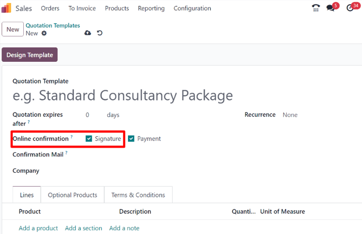 L'option signature de la confirmation en ligne figurant sur chaque modèle de devis dans Odoo.