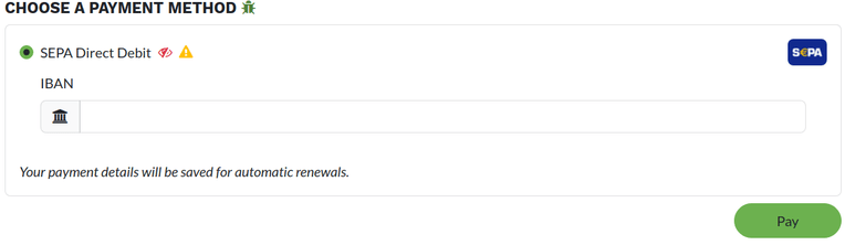 The view of the SEPA Direct Debit payment method presented to customers at checkout.