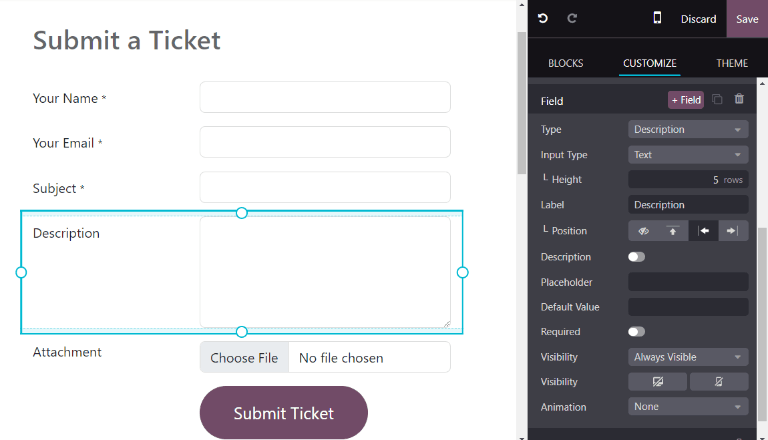 Vue du formulaire de site web non publié pour soumettre un ticket à l'assistance d'Odoo.