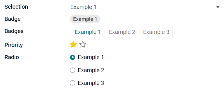 Exemples de champs Sélection avec différents widgets