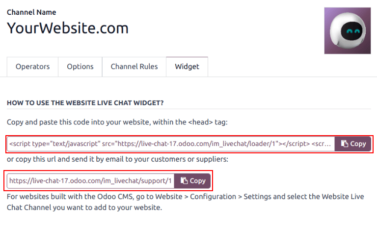 View of the widget tab for Odoo Live Chat.