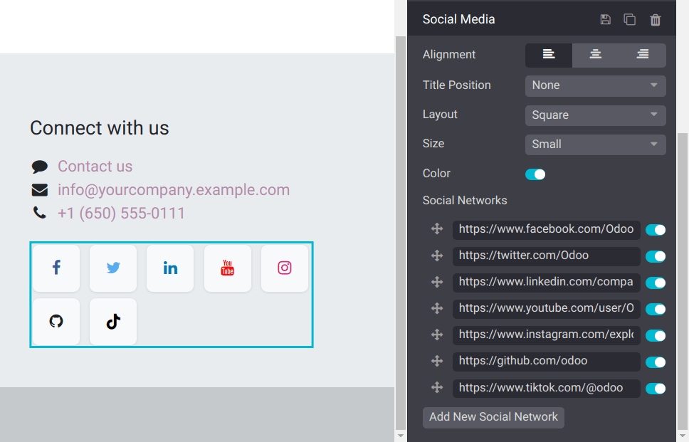 The social media building block and its settings