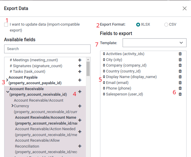 Panoramica delle opzioni da considerare durante l'esportazione di dati in Odoo.