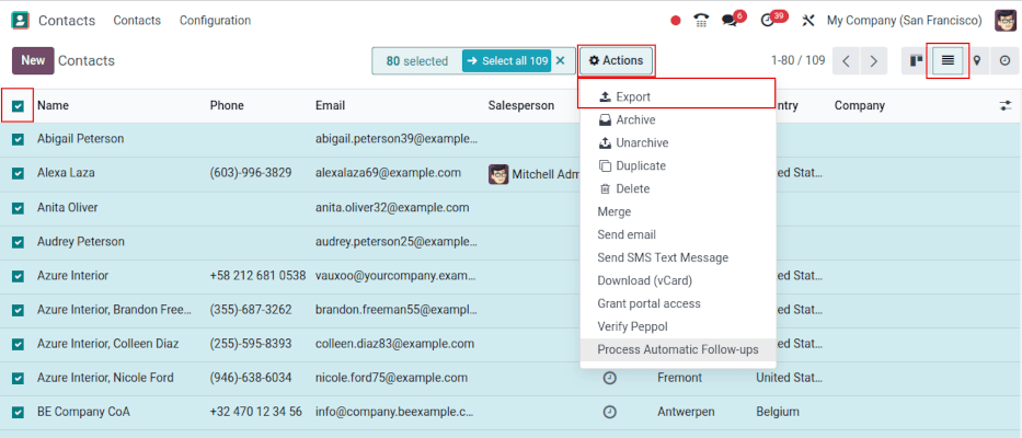 Vista delle varie cose da abilitare/cliccare per esportare dati.