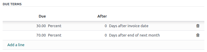 Example of Payment Terms. The first line is the 30% due immediately. The second line is the remaining 70% due at the end of the following month.