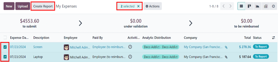 Select the expenses to submit, then create the report.