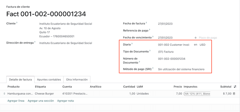 Customer invoice for Ecuador.