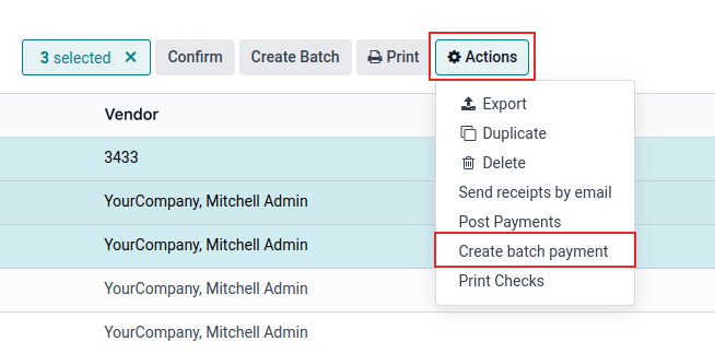 On the payments screen, the action menu is highlighted with create a batch payment selected.