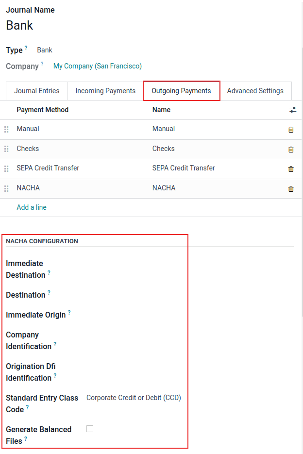 NACHA (National Automated Clearing House Association) configuration settings on Odoo.