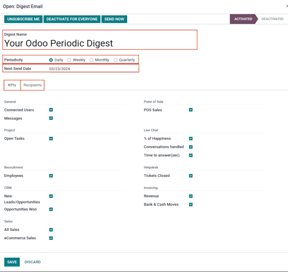 Personalizzare le impostazioni dell'e-mail di riepilogo predefinita e gli ICP.