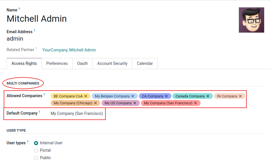 Vista di un modulo utente che evidenzia il campo aziende multiple sotto le schede relative ai diritti di accesso in Odoo.