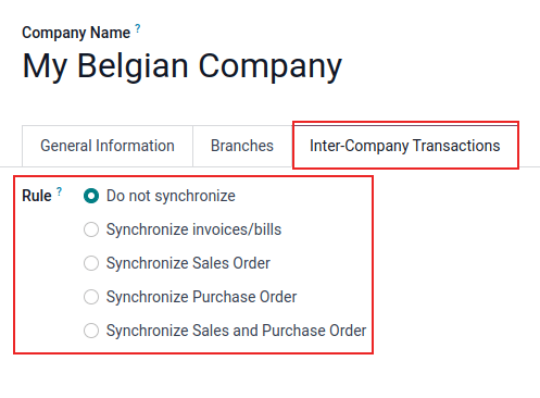 Vista pagina impostazioni che mette in risalto Il campo transazioni interaziendali in Odoo.