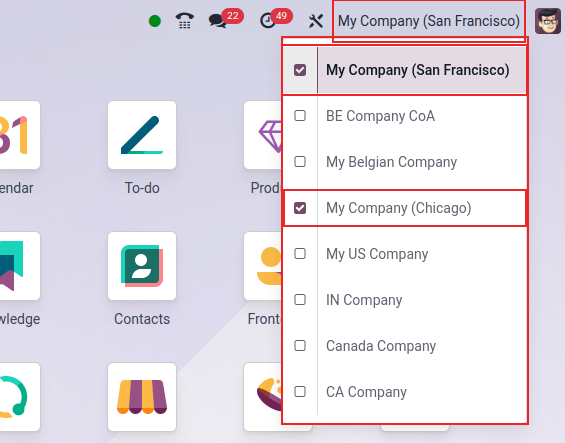 Vista del menu delle aziende nella dashboard principale in Odoo.