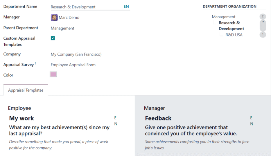 The department for with all fields filled out.