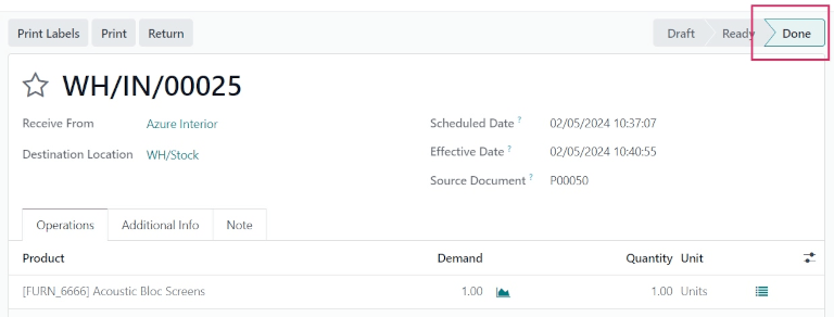 Validated warehouse receipt in Done stage.