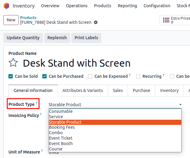 Set a product type on the product form.