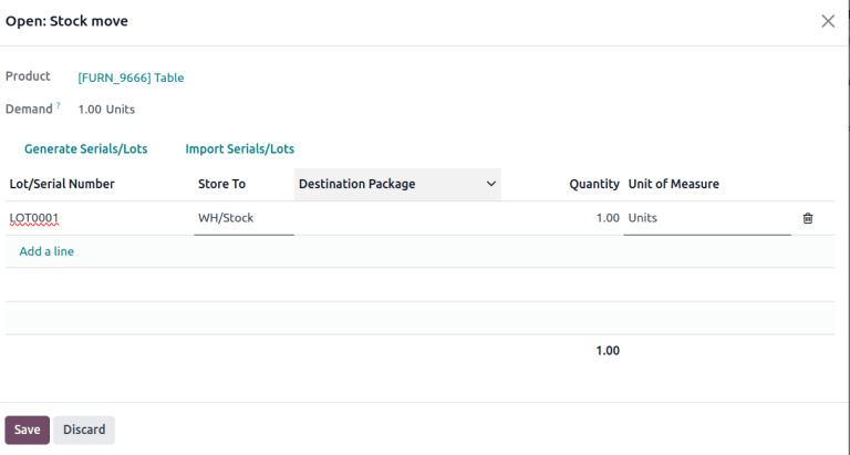 Assign lot number detailed operations popup.