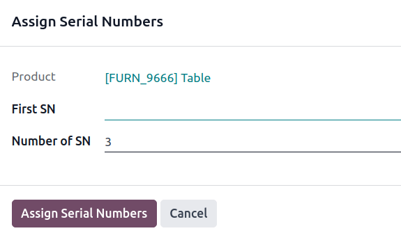 Show Assign Serial numbers pop-up.