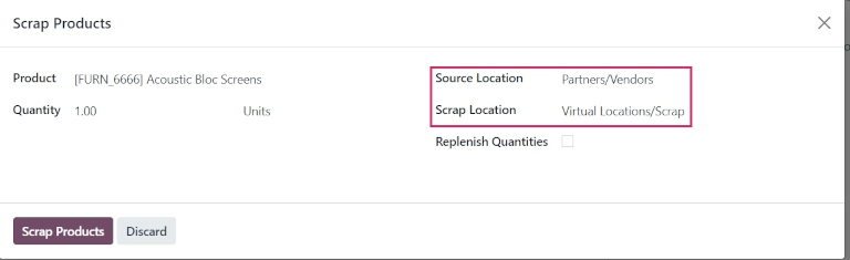 Scrap Products pop-up window on operation form.