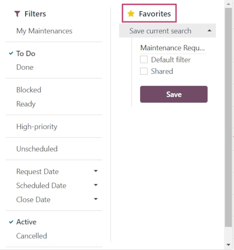 Favorites section of filters drop-down menu.