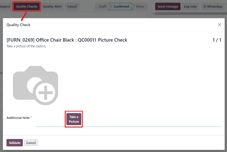 A Take a Picture quality check pop-up window on a manufacturing or inventory order.