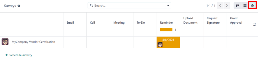 The activities view option located on the Odoo Surveys dashboard.