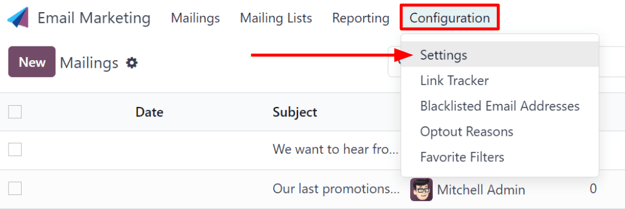 View of the Configuration menu with Settings page in the Odoo Email Marketing application.