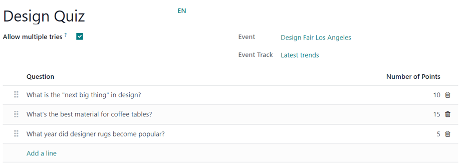 The Add Quiz page in the Odoo Events application for an event track.