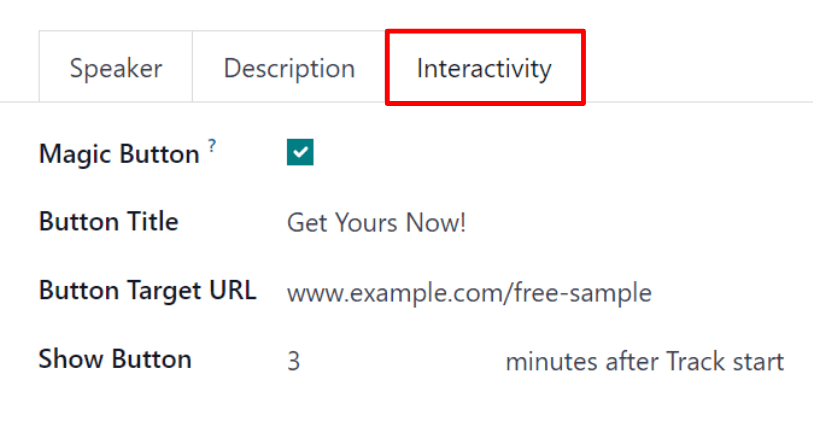 The Interactivity tab on an event track form in the Odoo Events application.