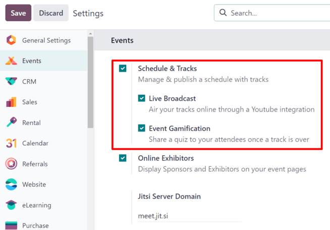 The Schedule and Tracks setting in the Odoo Events app, along with corresponding options.