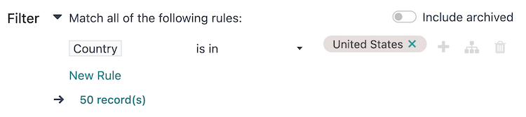 A new filter rule row on the campaign form Filters.