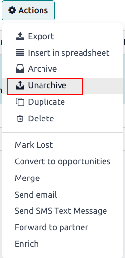 Action button from list view with the Unarchive option emphasized.