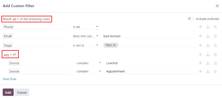 Close up of the match rule options on a add custom filter pop-up window.