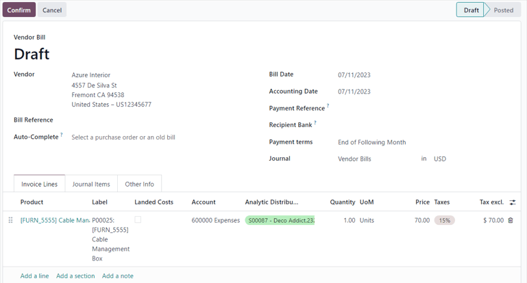 Vendor bill draft for a purchase order to be invoiced to a customer in Odoo.