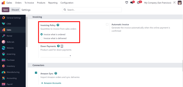 Choosing an invoicing policy on Odoo Sales.