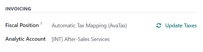 The Invoicing section of the Other Info tab of a quotation form in Odoo Sales.