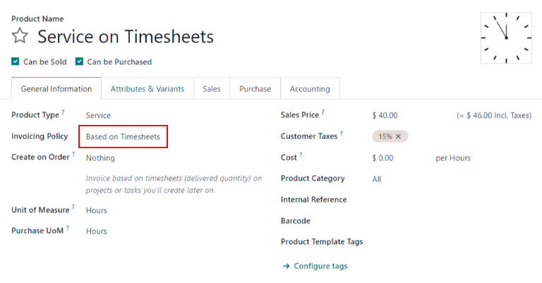 View of a service product with the invoicing policy set to 'Based on timesheets'.