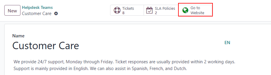 View of the settings page of a helpdesk team emphasizing the Go to Website button in Odoo Helpdesk.