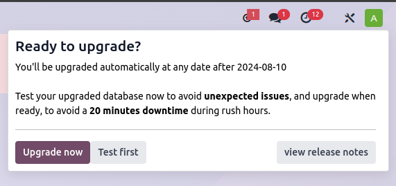 The upgrade message prompt on the top right of the database