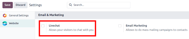 View of the settings page and the live chat feature for Odoo Live Chat.