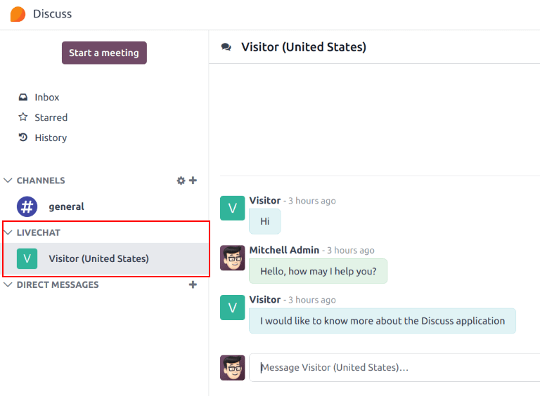 View of the discuss application with a message sent through live chat in Odoo.