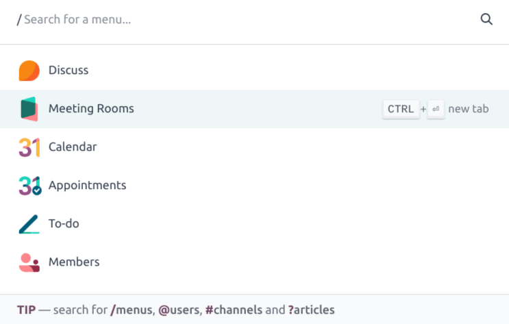 The command palette in Odoo, with the menu search option selected.