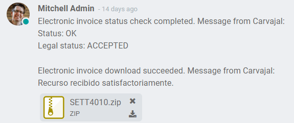 Odooの請求書チャターに表示されたZIPファイル。